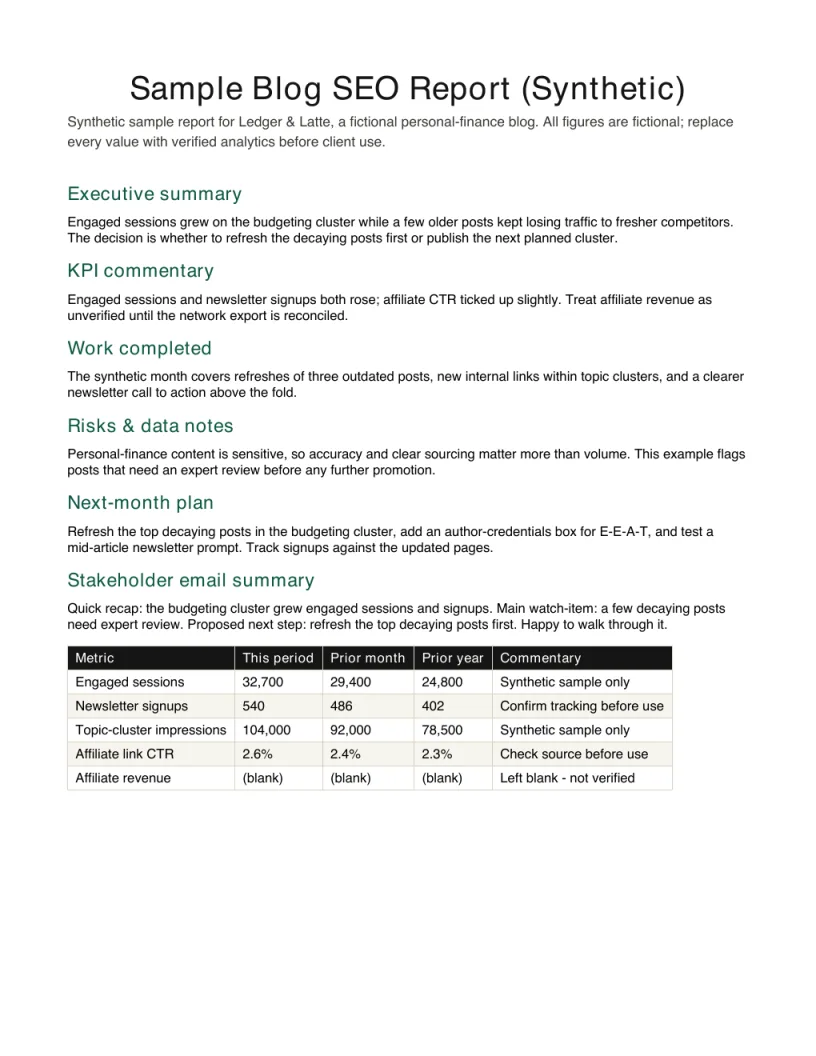 First page preview of the synthetic blog SEO report example