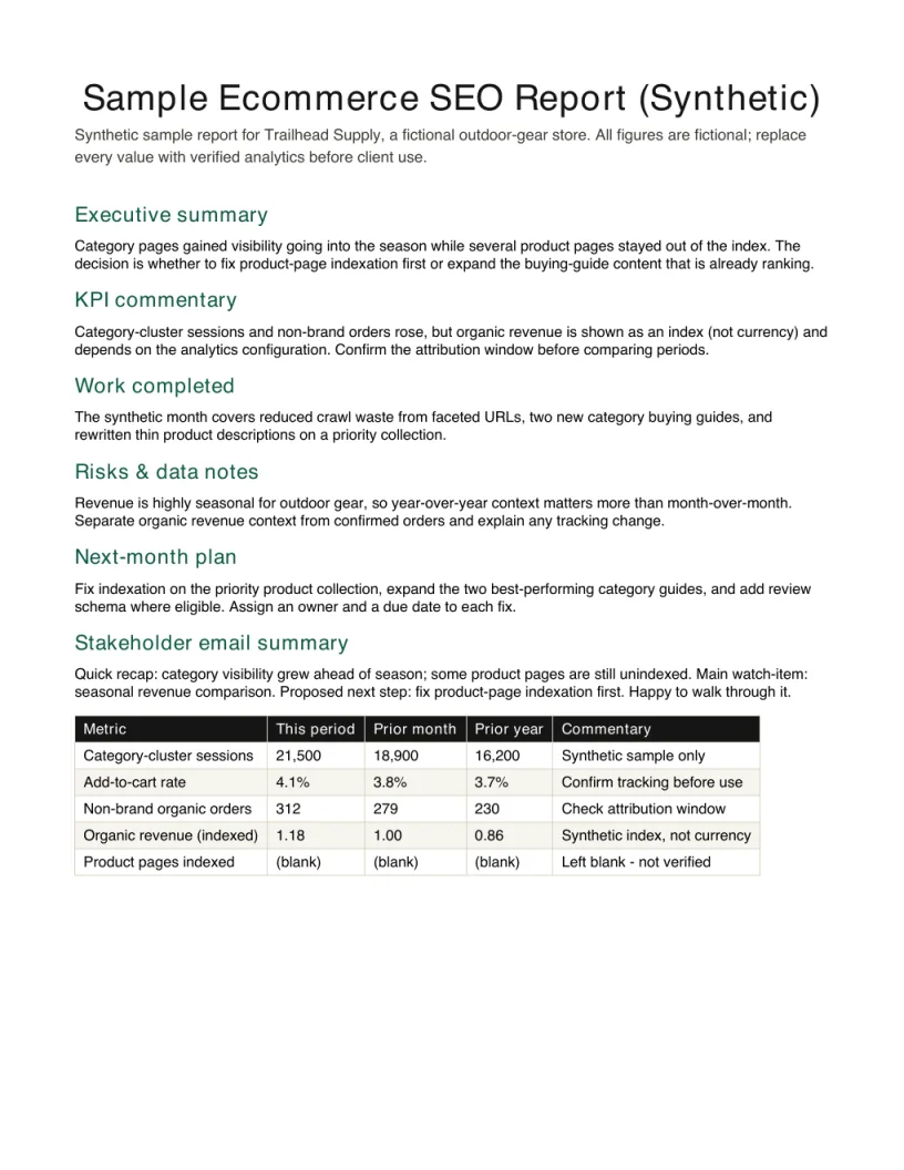 First page preview of the synthetic ecommerce SEO report example