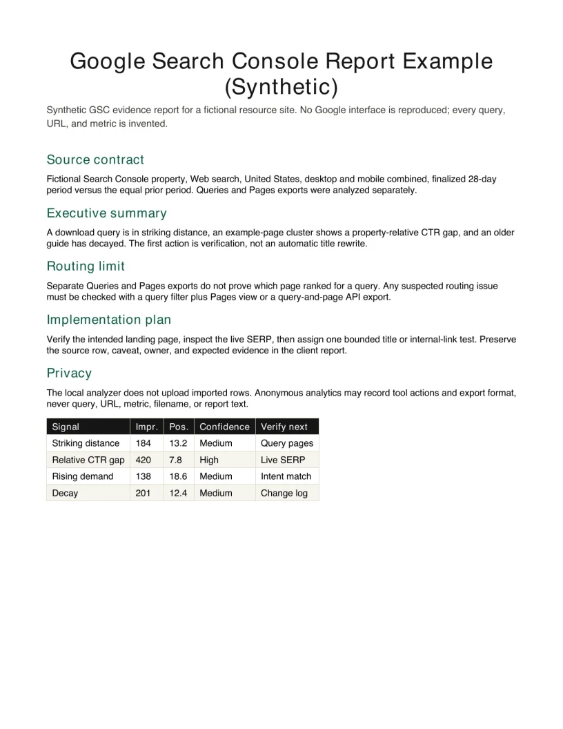 First page preview of the synthetic Google Search Console report example