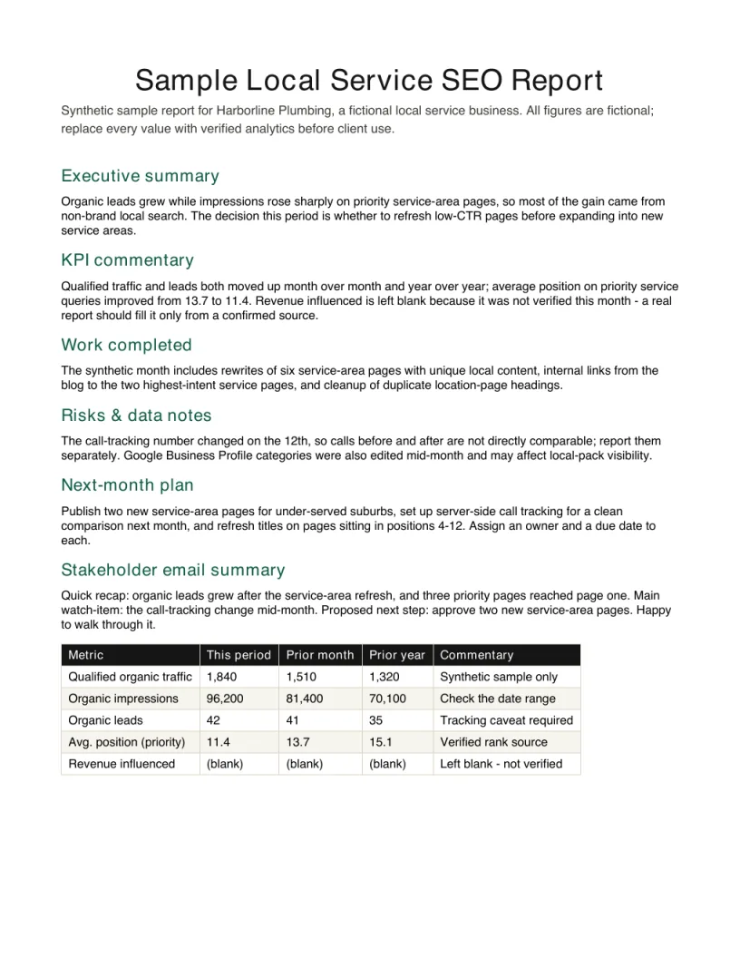 First page preview of the synthetic local service SEO report example