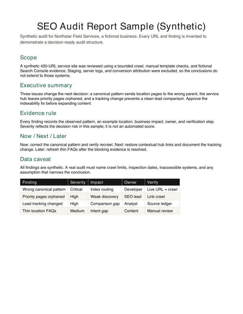 First page preview of the synthetic SEO audit report sample